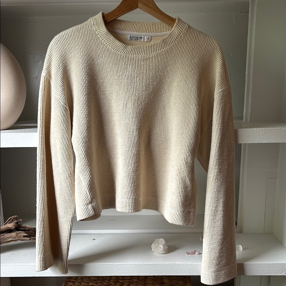 Stateside Cream Ribbed Knit‎ Cropped Sweatshirt Bell Sleeve Small Made in USA - Picture 2 of 7
